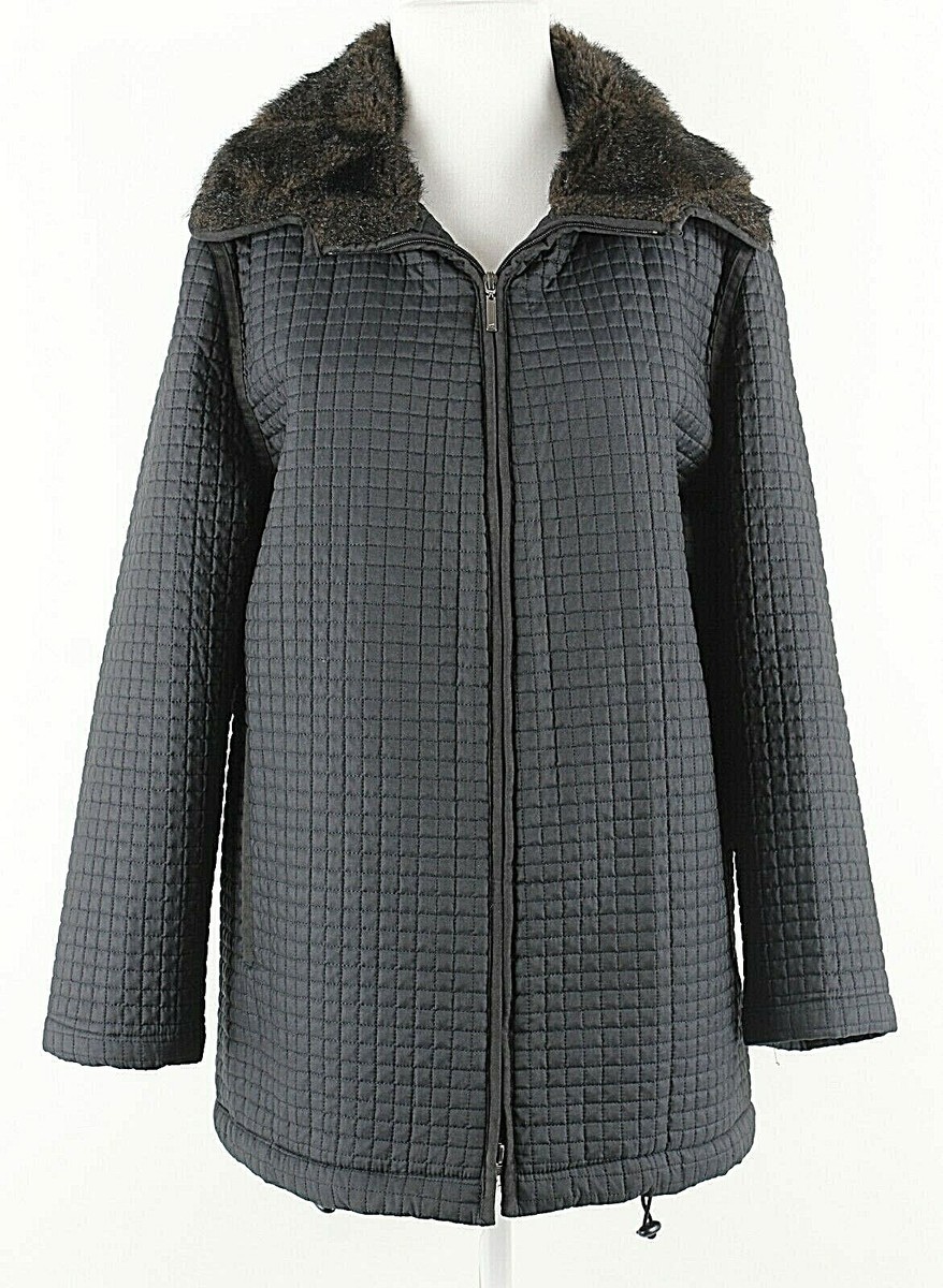 ANNE KLEIN ジャケット Anne Klein II Sz L Black Brown Faux Fur Collar Quilted Zip