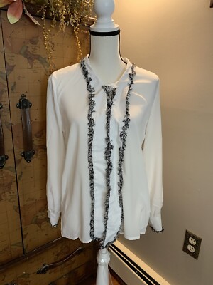 Beulah Womens White Black Fringe Tie Neck Blouse Button-Down Top Shirt Small