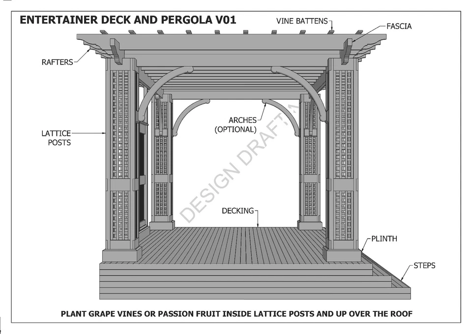OUTDOOR ENTERTAINER DECK & GRAPE VINE PERGOLA / PATIO - V01  (Building Plans) - Image 2 of 4