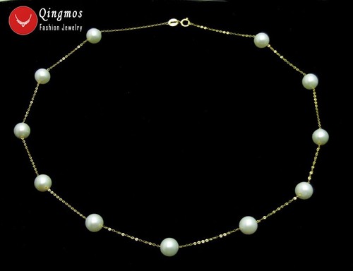 18K Gold Chain Floating AAA White 7-8mm Natural Pearl 16" Chokers Necklace Women - Picture 5 of 9