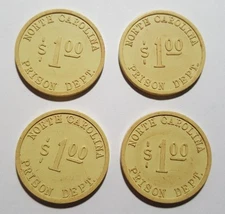 (4) Yellow State of North Carolina Prison Dept. Department $1 Dollar Tokens 