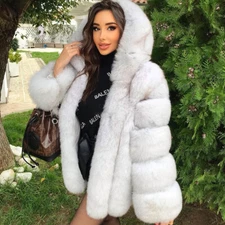 Fashion Women Natural Real Fox Fur Coat Hooded White Jacket Genuine Fur Outwear