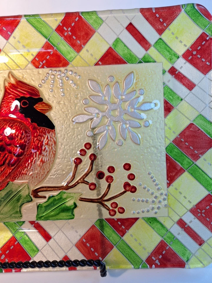 Christmas Cardinal Decorative Glass Embossed Platter. " Winter Lodge" - Image 4 of 4