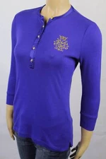 Ralph Lauren Blue Knit Top Shirt Gold Buttons Crest 3/4 Sleeve NWT