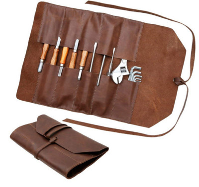 tool storage bag pocket roll outdoor Pouch holder case Cow Leather brown H30