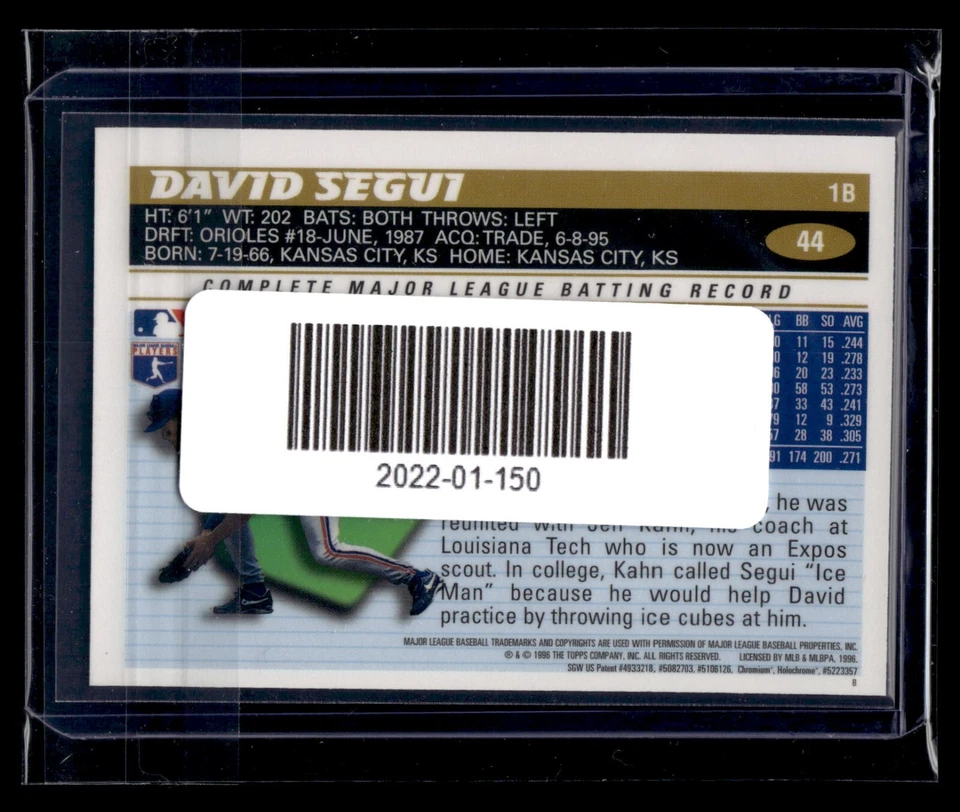 1996 Topps Chrome Refractor #44 David Segui Expos *¡Conjunto icónico!* Foto 2 de 2
