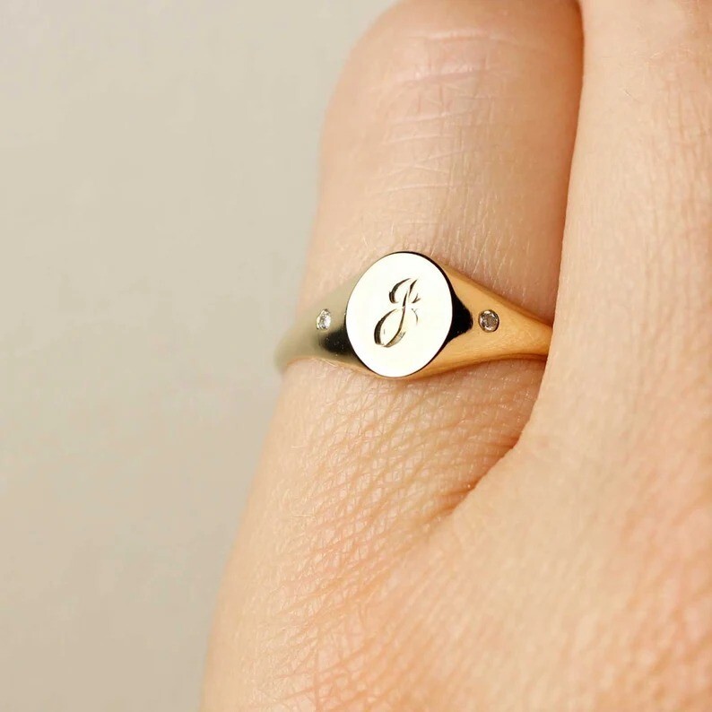 Mini Initial Moissanite Diamonds Signet Ring – solid Silver