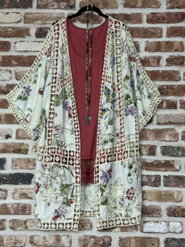 PLUS SIZE BOHO Crochet EMBROIDERED KIMONO CARDIGAN DUSTER One Size fits up to 2X