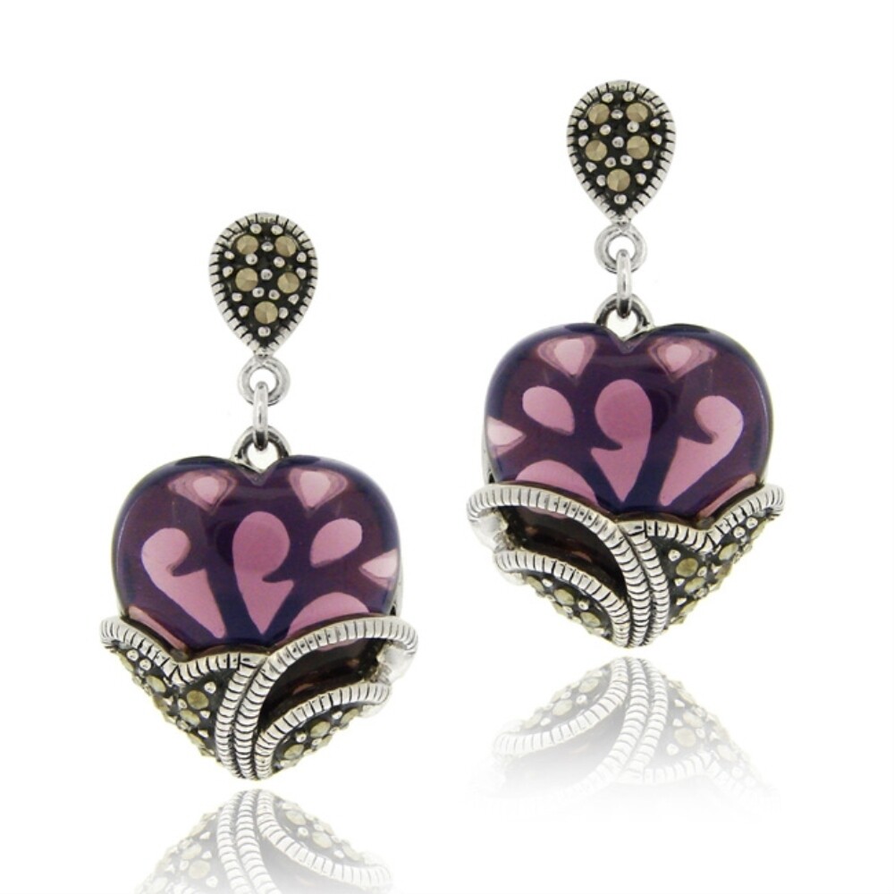 925 Sterling Silver Marcasite Amethyst Colored Glass Heart Earrings