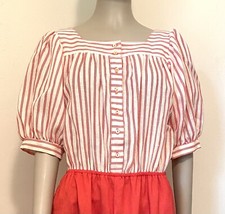 Vintage Cottagecore Dress Womens Size 12 Red White Stripe Buttons Elastic Waist