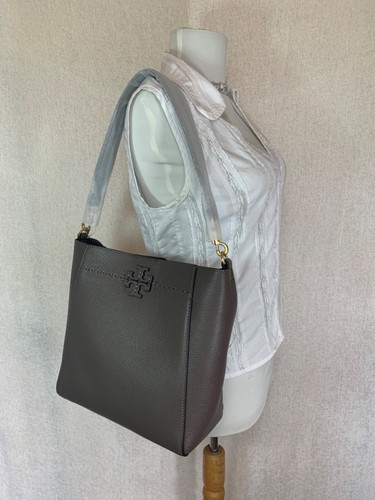NEW Tory Burch McGraw Silver Maple Taupe Leather Bucket Tote/Shoulder Bag - Picture 5 of 18