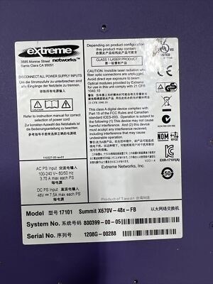 Extreme 17101 Summit X670v-48x 48 10GBASE-X SFP+, one VIM4 slot, dual PSU power
