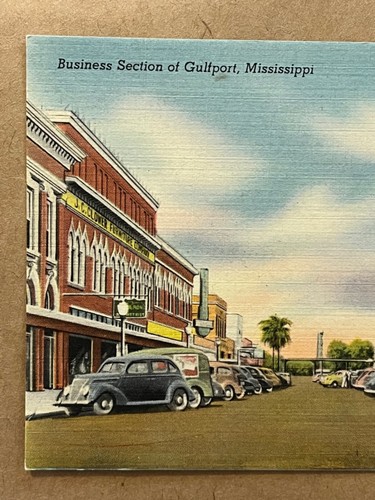 Letreros de tienda de autos antiguos escena callejera Gulfport Mississippi postal vintage c1930 - Imagen 2 de 6