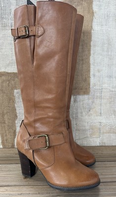 CLARKS Heeled Tall Brown Boots Buckles Size 6.5 M BOHO Chic Office