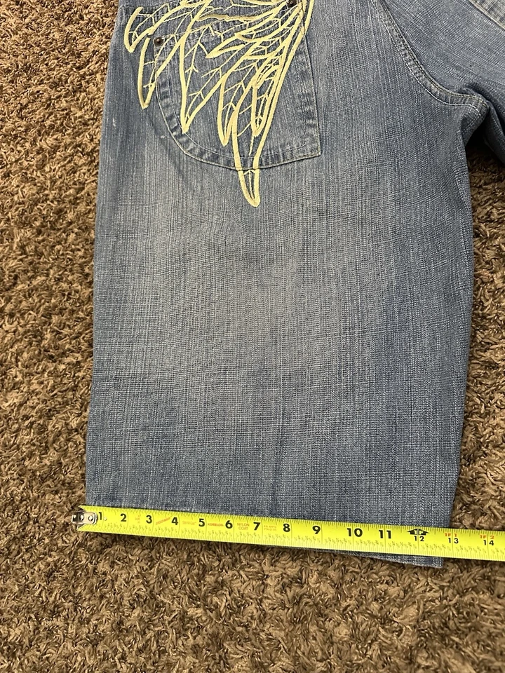 复古 Y2K Evolution in Design 宽松牛仔裤短裤蓝色天使翅膀短裤尺寸 44x15 — 第 2/4 张图片