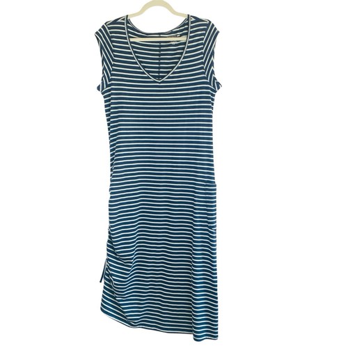 Toad & Co Womens Dress Sz Large Samba Muse Ruched Midi Navy Blue Striped Coastal