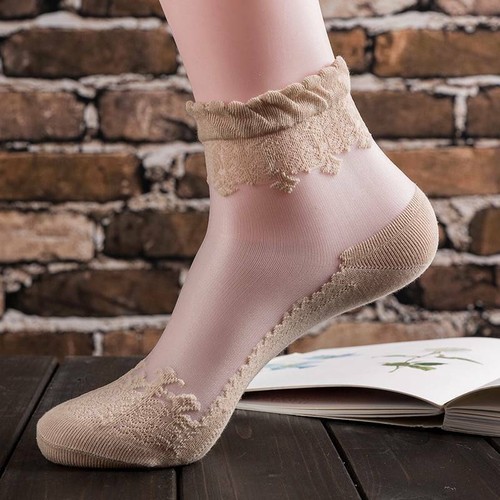 Women Lace Elastic Short Sock Cute Transparent Crystal Silk Ultrathin Ankle Sock - Picture 4 of 13