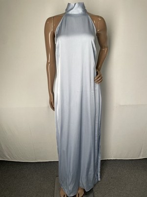 Vila Women Maxi Dress Light Blue Size 2 Halterneck Tie Satin Side Slit Polyester