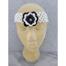 Handmade Crochet Headband White with Black Flower Rhinestone Accent