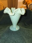Vintage Fenton Blue Hobnail Milk Glass Footed Double Crimped Ruffle Vase