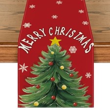 Xmas Pine Snowflake Merry Christmas Table Runner, 13" x 108", Table Runner Red