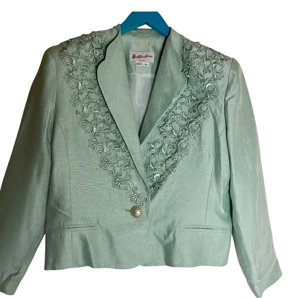 Vintage Mint Green size 10 Women's  with Embroidered  Classic Career Blazer - Image 2 of 4