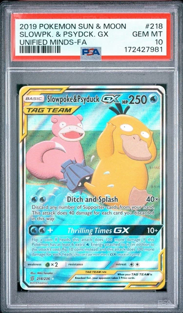 2019 POKEMON SUN & MOON UNIFIED MINDS #218 FULL ART/SLOWPOKE & PSYDUCK GX PSA 10