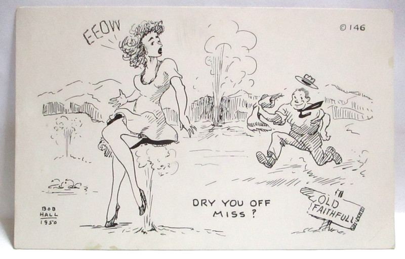 1950s BOB HALL RISQUE POSTCARD OLD FAITHFUL SPOUTS UP GIRLS SKIRT -DRY YOU OFF?