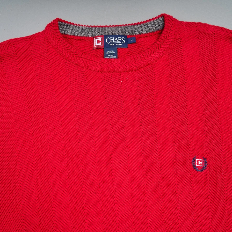Chaps Sweater Men’s M Red Cotton Cable Herringbone Crest Crewneck - Image 2 of 4