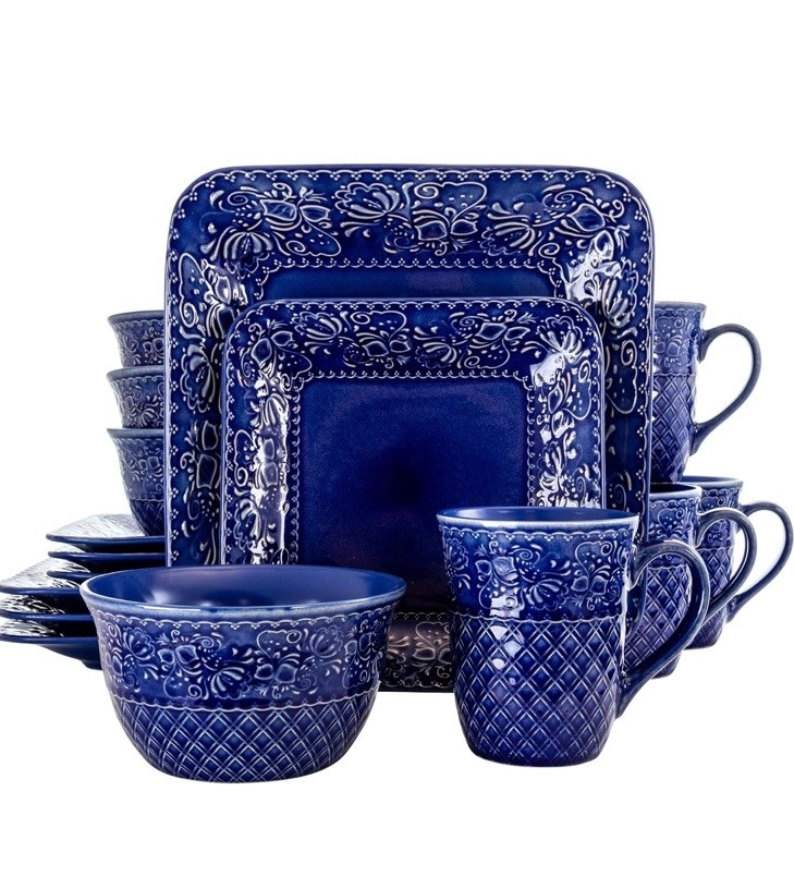 Elama Indigo Lotus 16 Piece Square Dinnerware Set