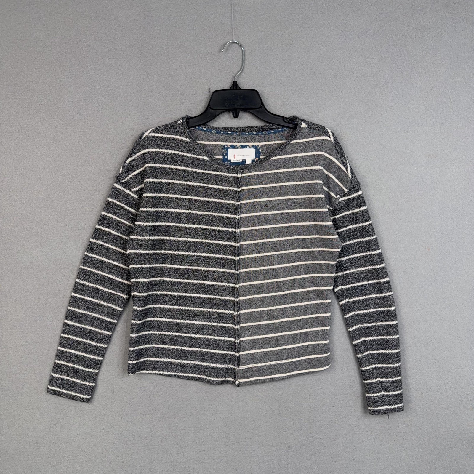 Anthropologie Sweater Womens Small Gray Striped Block Crew Neck Knit Pullover