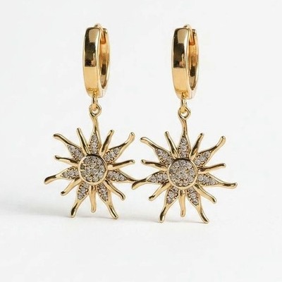 Sun Charm Earrings Gold Silver Hoops Celestial Dangle Earrings Gift for Her