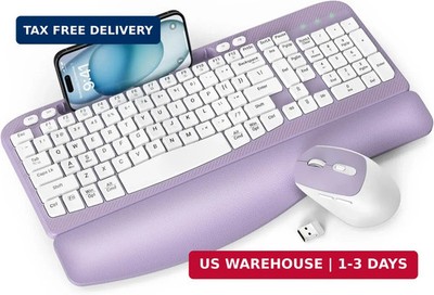 Wireless Keyboard and Mouse Combo, Full-Sized Ergonomic Wave Keys Keyboard with
