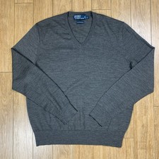 Polo Ralph Lauren Sweater Men Large Gray 100 Merino Wool Pullover V-Neck