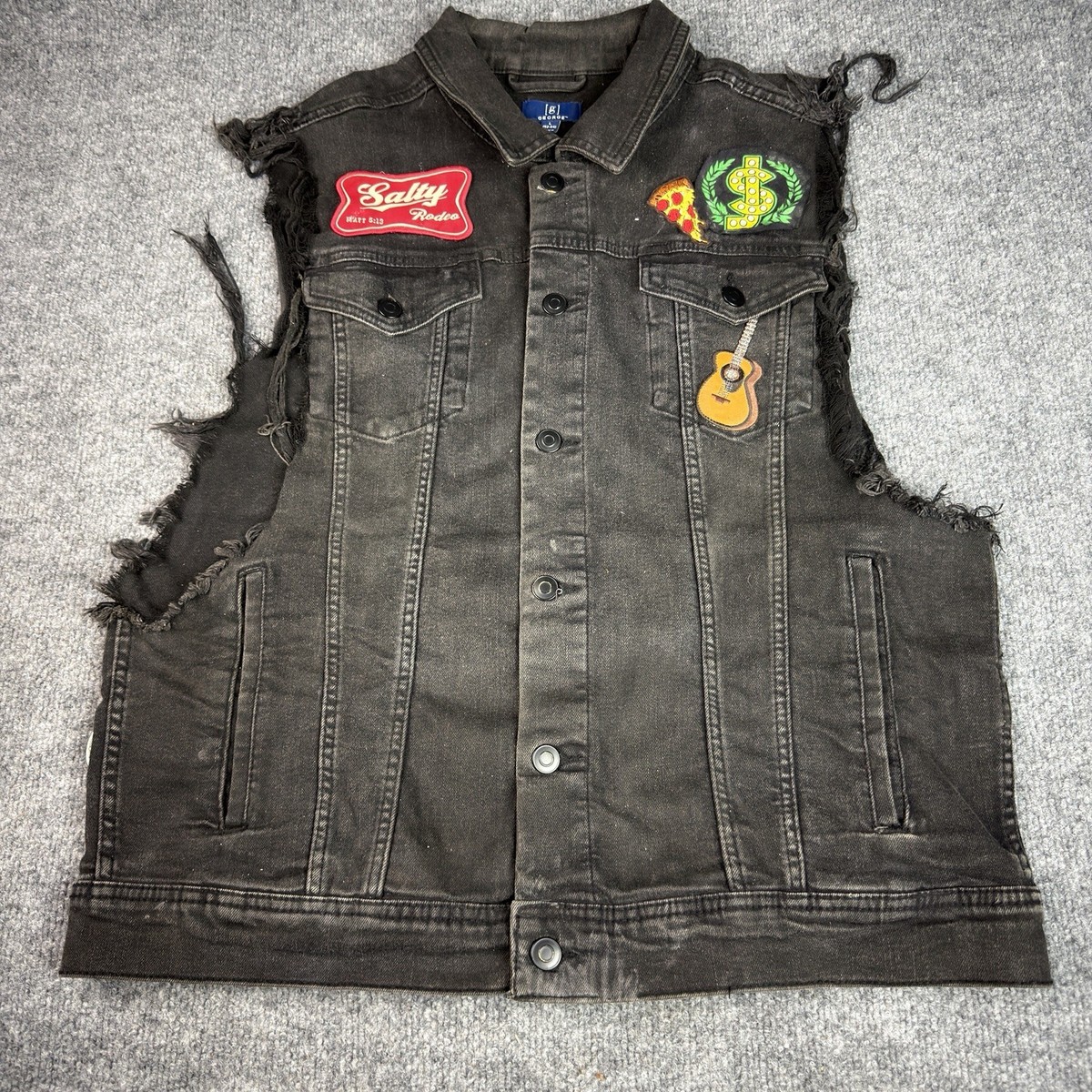 George Black Denim Vest Men Large Distressed Sleeveless Jean