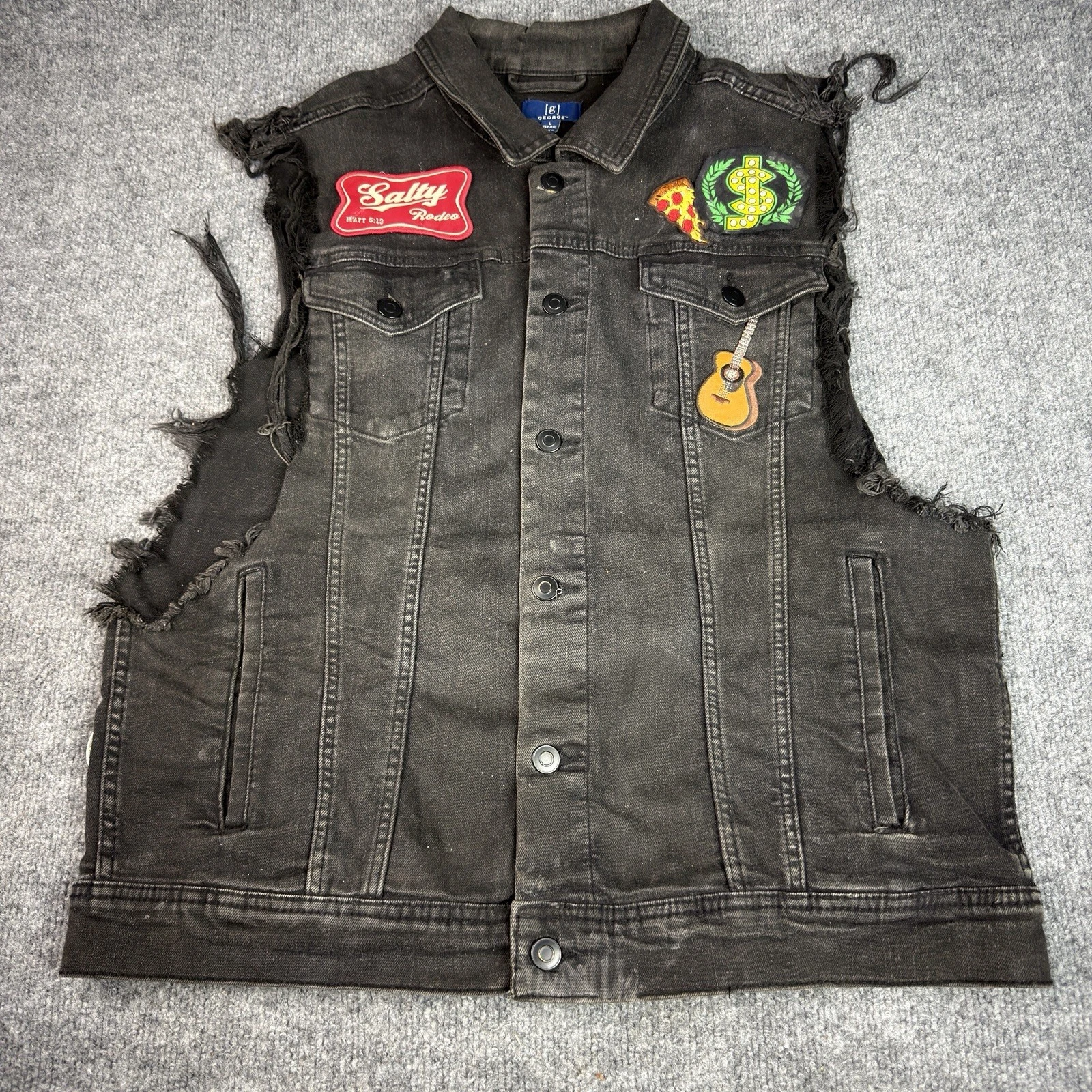 George Black Denim Vest Men Large Distressed Sleeveless Jean Jacket Punk Patches