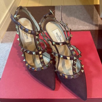VALENTINO GARAVANI Shoes Rock Stud Pumps Dark Brown Pointed Toe Women US6 NM