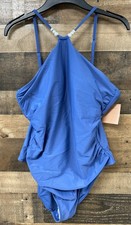 Shade  Shore Blue Halter One Piece Swimsuit Pearl Straps Ruched Size XL 16 New