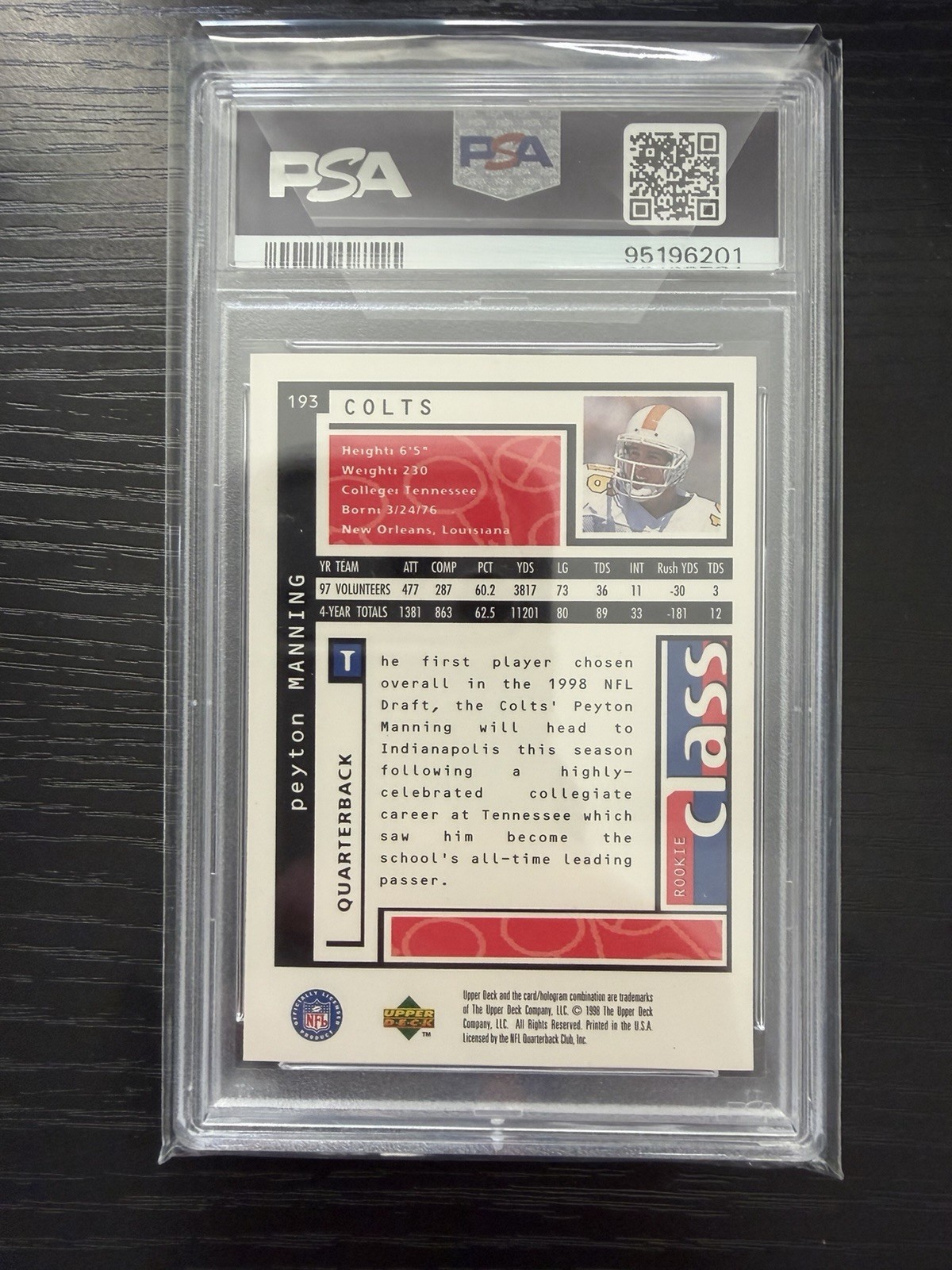 1998 UD (Upper Deck) Choice Peyton Manning Rookie Class RC #193 Colts PSA 10 Gem view 2