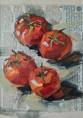 Tomatoes Oil Painting 11''x8'' Original Still Life Kitchen Wall Art Small Panel