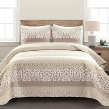 Boho Stripe Reversible Cotton Quilt 3-Piece Set, Full/ Queen, Neutral - Bold Col
