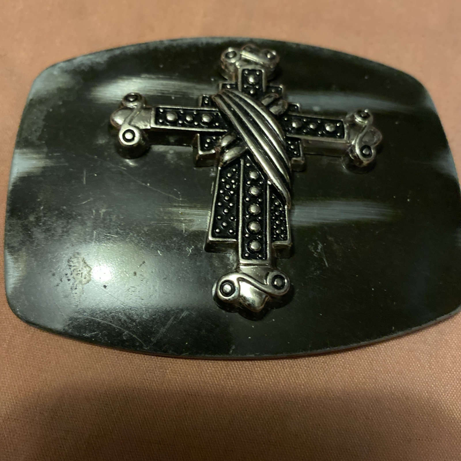 Cross Engraved Silver Tone Solid Steel Plaque Rec… - image 1