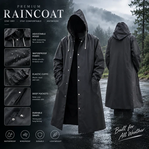Men Black Waterproof Long Raincoat Hooded Trench Jacket Outdoor Hiking Rain Coat - product listing photo