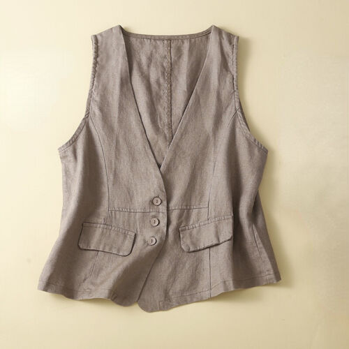 Women Vest Waistcoat Tank Top V-neck Sleeveless Casual Cotton Linen Summer - Picture 4 of 20