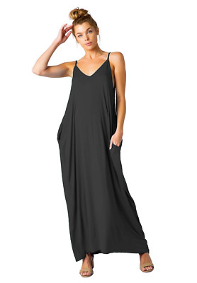 Womens Dress Black Beach Cover up Long Maxi Gown Spaghetti Straps Kaftan Pockets