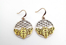 Gold Honey Bee with Silver Hive Honeycomb Round Metal Cutout Earrings
