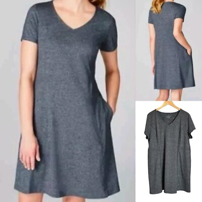 J Jill Fit Marled V Neck Dress Size XL Petite Pockets Charcoal Short Sleeve EUC