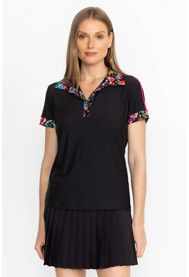 Johnny Was ACTIVE BEE ACTIVE S/S POLO TEE BLACK FLORAL NWT $165.00 EXTRA LARGE X