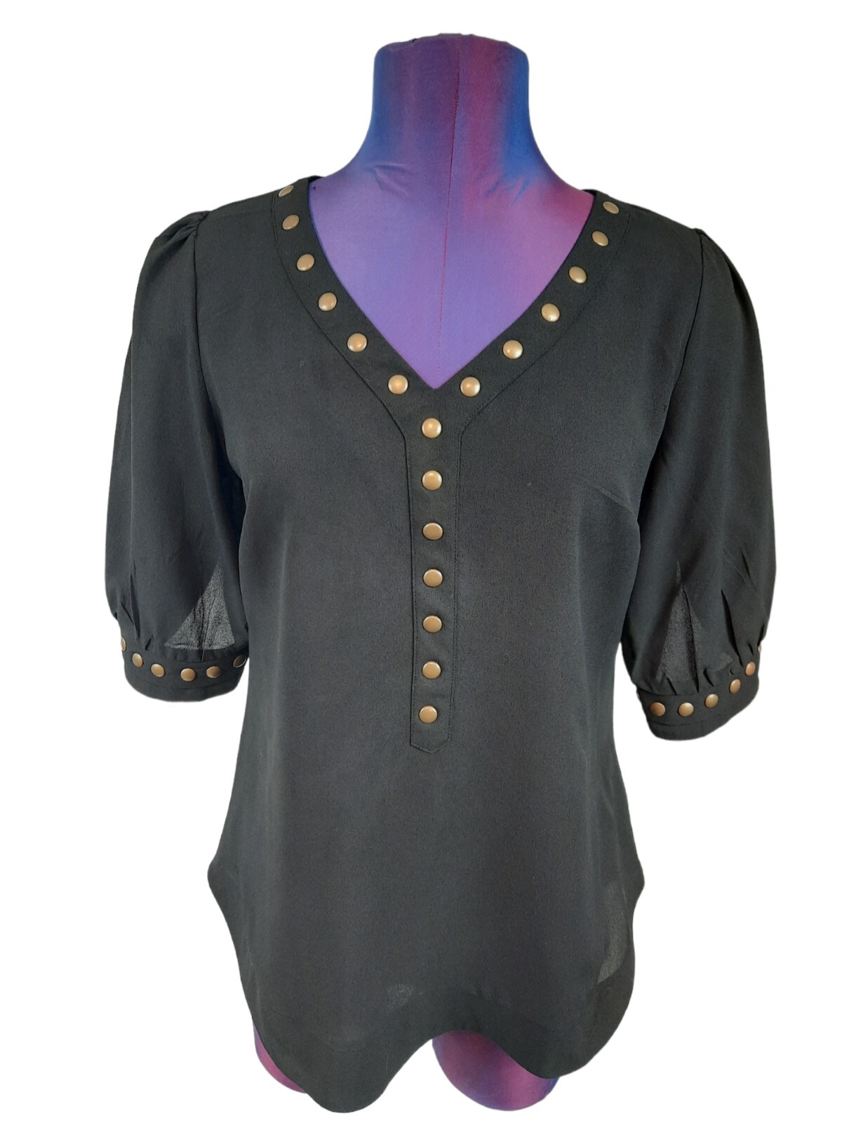 Hawthorn Lisbon Black Studded Sheer Blouse Short Sleeve Size S Womens