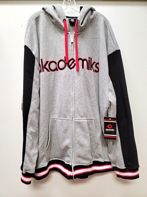 Vintage AKADEMIKS Size 5XL Full Zip Up Hoodie Gray Black Red